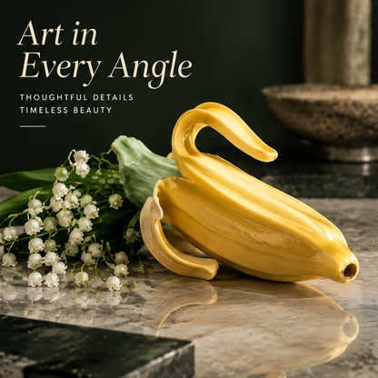 Banana vase features — natural inspiration, unique banana design, premium ceramic smooth glaze, perfect for home office or gift