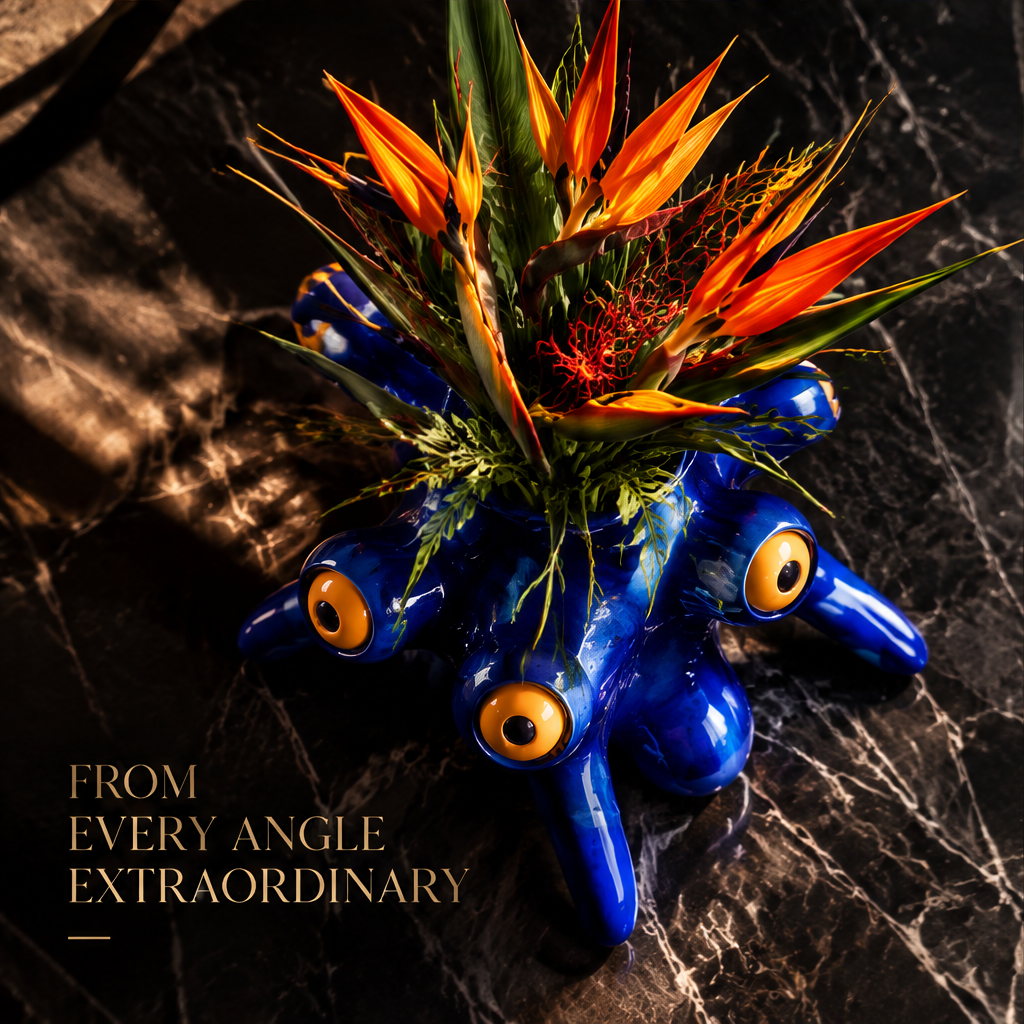 Unique Sculptural Design close-up — amber and black eye embellishments on glossy cobalt blue glaze surface