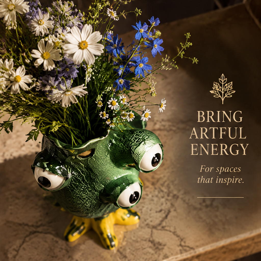 Sculpted In Every Angle — back view of green eye monster vase with wildflowers in dark gallery interior