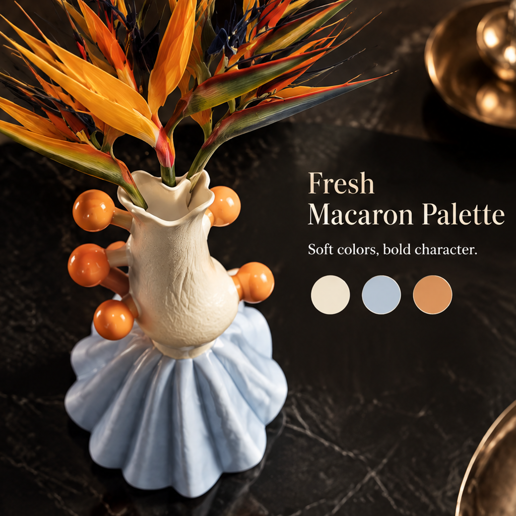 Unique Sculptural Design — pleated skirt vase with orange balls showing organic shape, artistic details and modern elegance