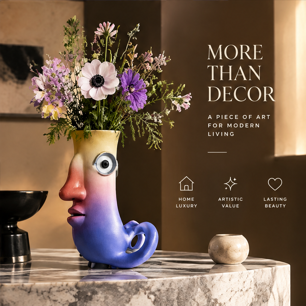 Abstract face vase front view showing iconic face profile and gradient color from gold to blue purple