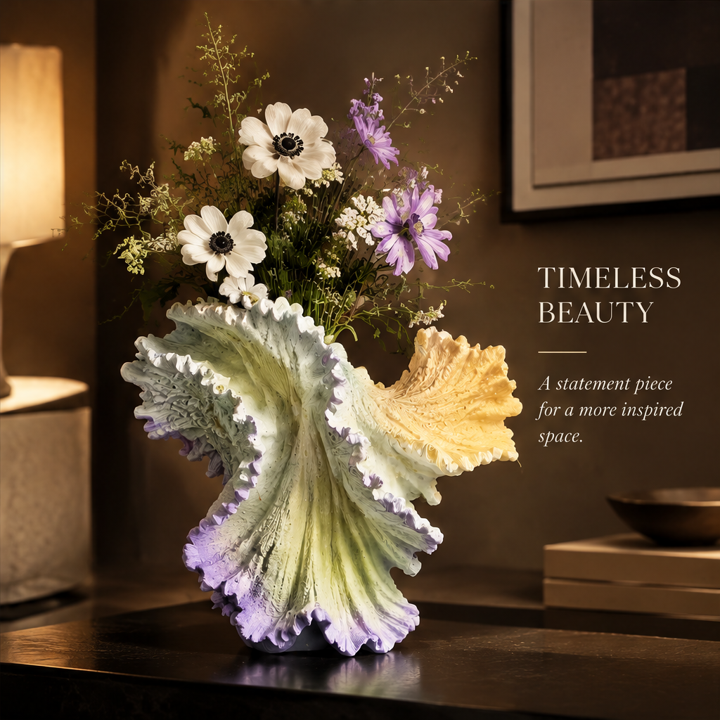 Exquisite Details — overhead view of ruffled wave vase opening revealing intricate gradient texture and layered ruffled edges