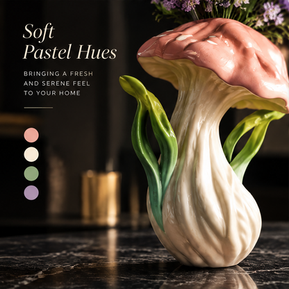 Whimsical Form — close-up of mushroom vase showing handcrafted speckled pink cap detail and unique green leaf handle ceramic