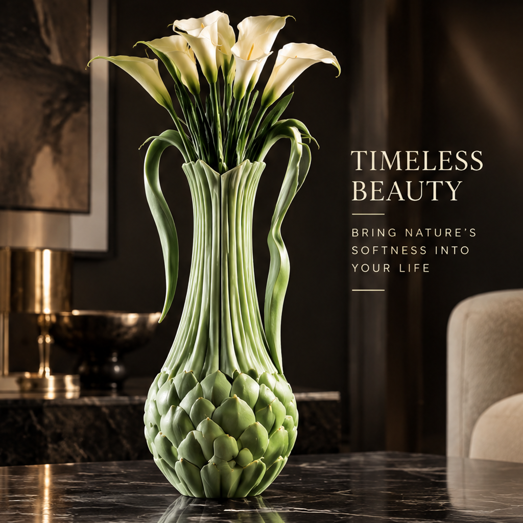 Unique Design — overhead view of sage green artichoke sculptural vase with white calla lilies — more than a vase, a piece of art
