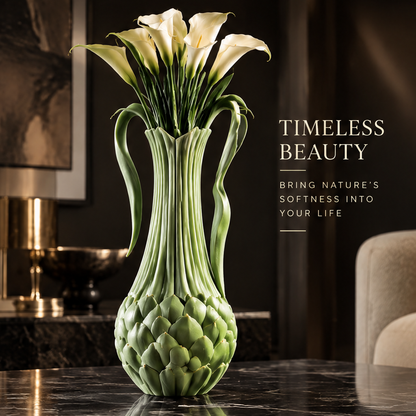 Unique Design — overhead view of sage green artichoke sculptural vase with white calla lilies — more than a vase, a piece of art